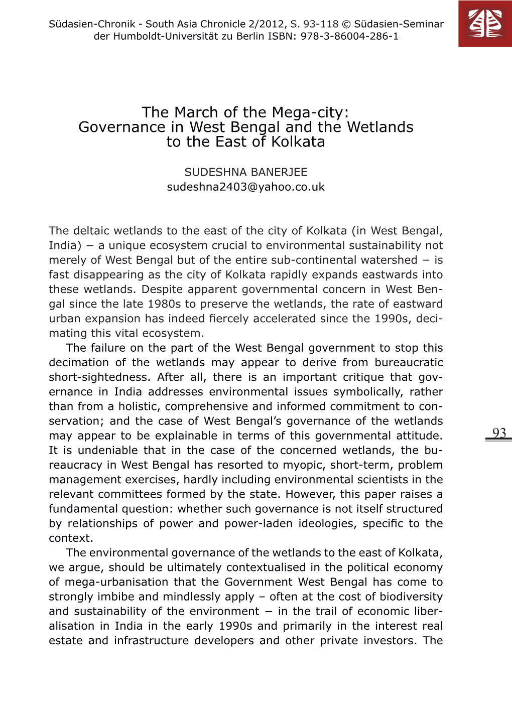 The March of the Mega-City: Governance in West Bengal and the Wetlands to the East of Kolkata