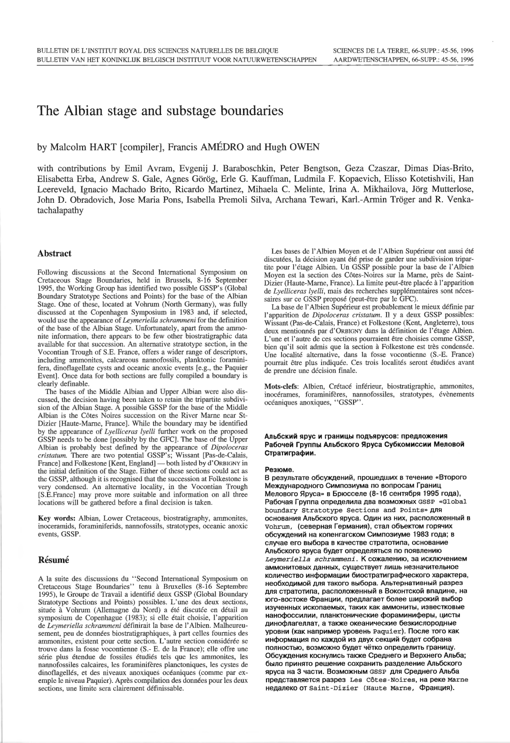 The Albian Stage and Substage Boundaries by Malcolm HART [Compiler], Francis AMÉDRO and Hugh OWEN with Contributions by Emil Avram, Evgenij J