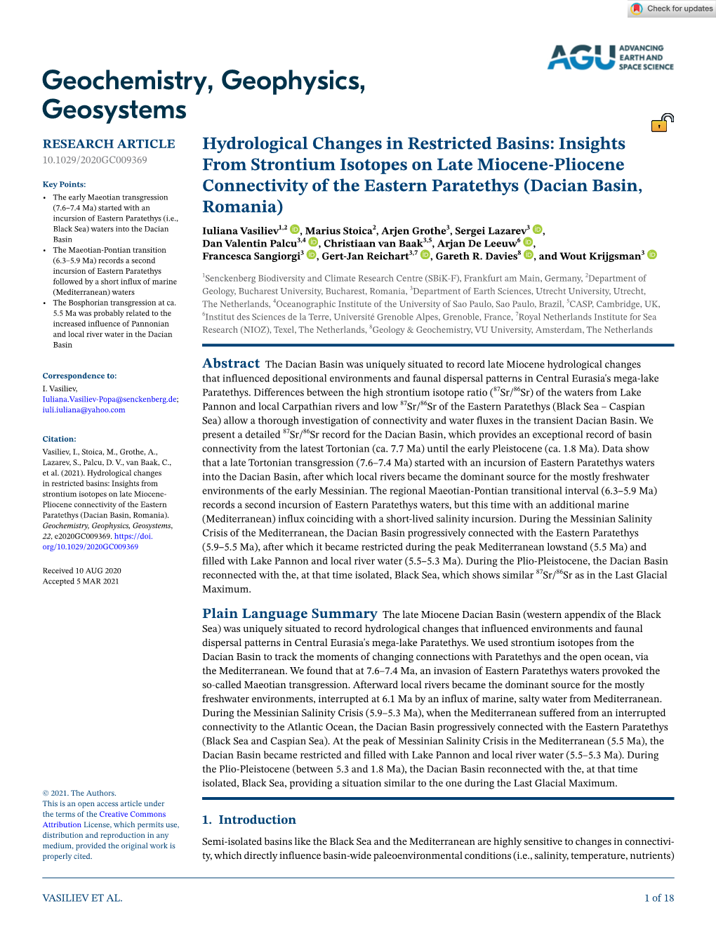 Hydrological Changes in Restricted Basins: Insights from Strontium Isotopes on Late Miocene‐Pliocene Connectivity of the Easte