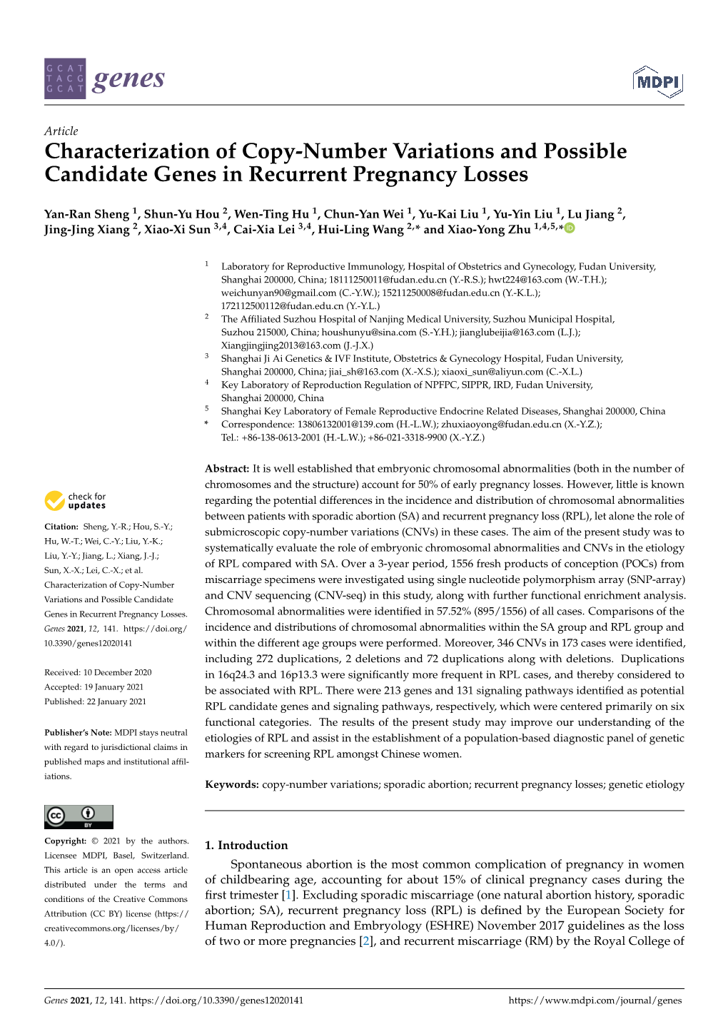 Characterization of Copy-Number Variations and Possible Candidate Genes in Recurrent Pregnancy Losses