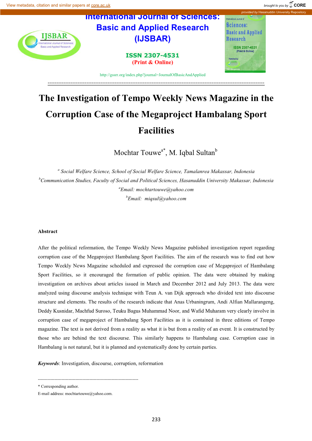 The Investigation of Tempo Weekly News Magazine in the Corruption Case of the Megaproject Hambalang Sport Facilities