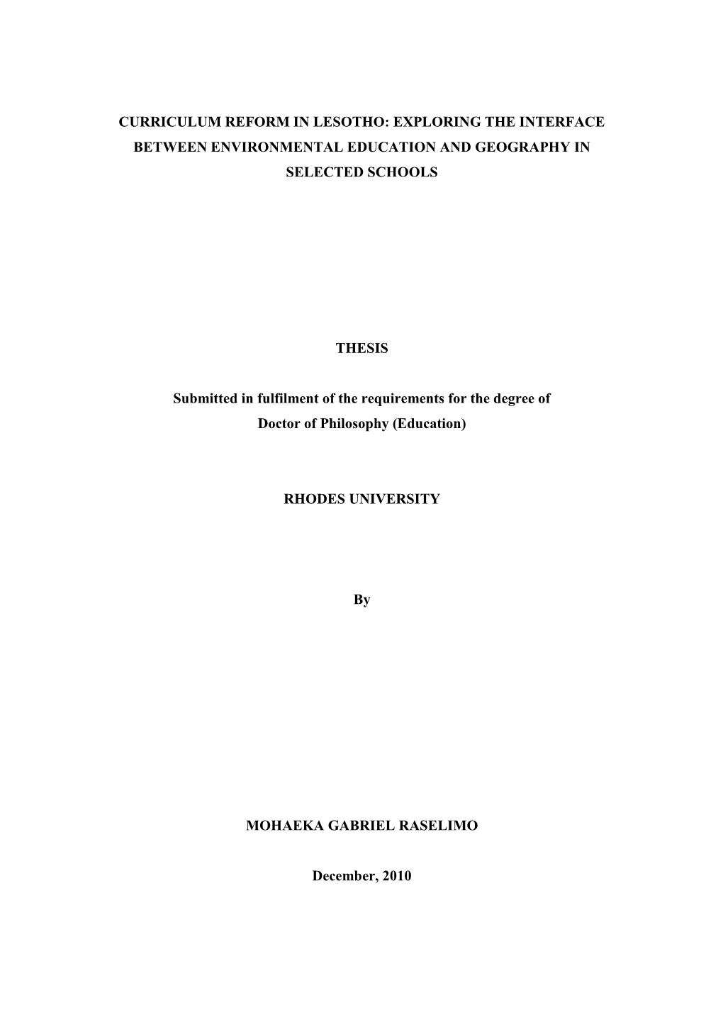 Curriculum Reform in Lesotho: Exploring the Interface Between Environmental Education and Geography in Selected Schools