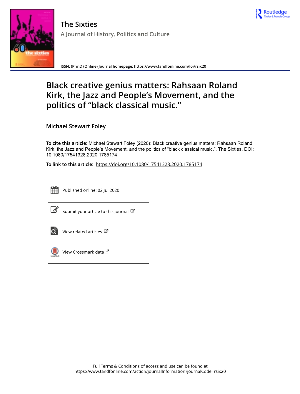 Black Creative Genius Matters: Rahsaan Roland Kirk, the Jazz and People's Movement, and the Politics Of