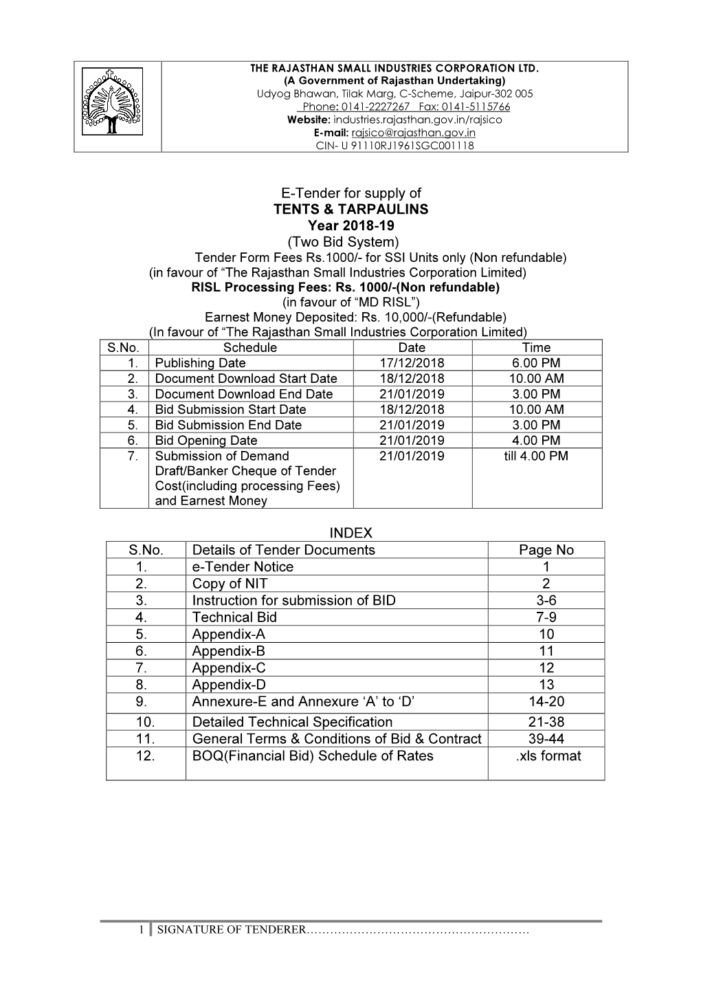 E-Tender BID Invitation Notice TENT & TARPAULINES