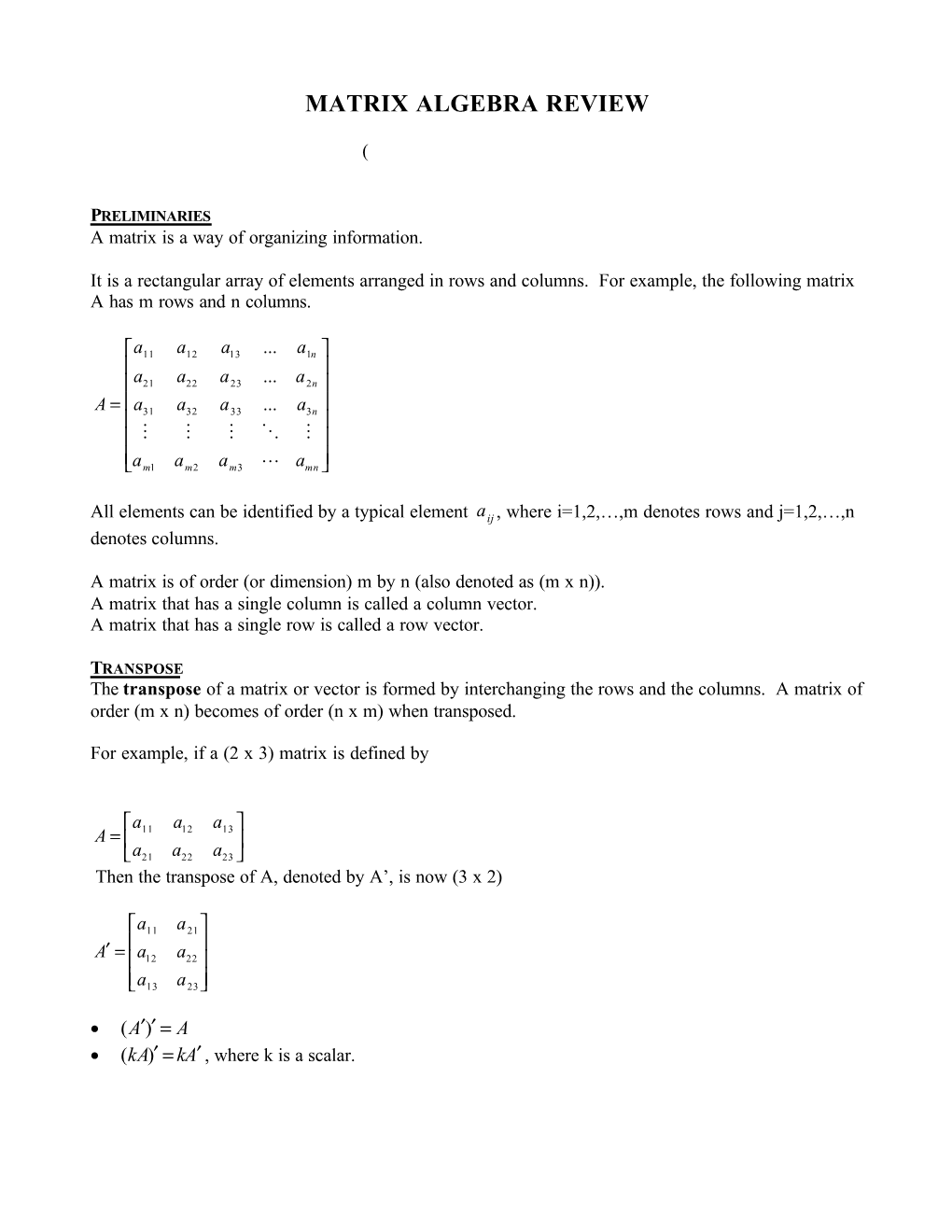 Matrix Algebra Review