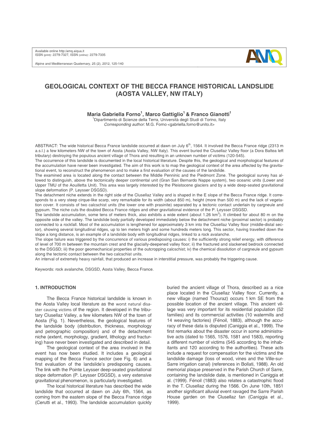 Geological Context of the Becca France Historical Landslide (Aosta Valley, Nw Italy)