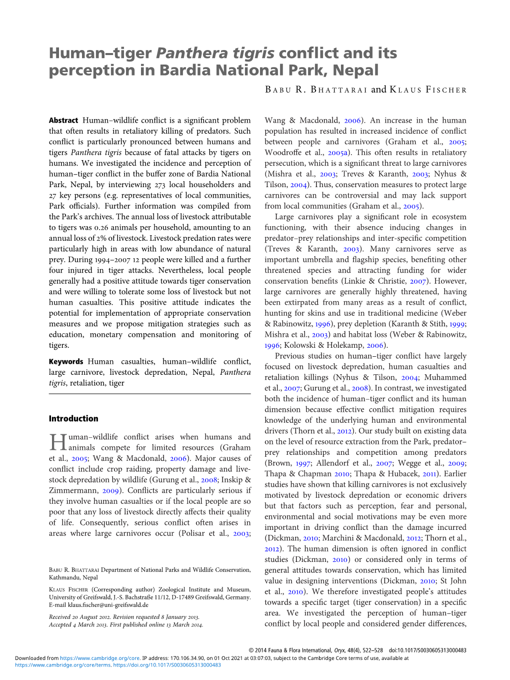 Human–Tiger Panthera Tigris Conflict and Its Perception in Bardia National Park, Nepal