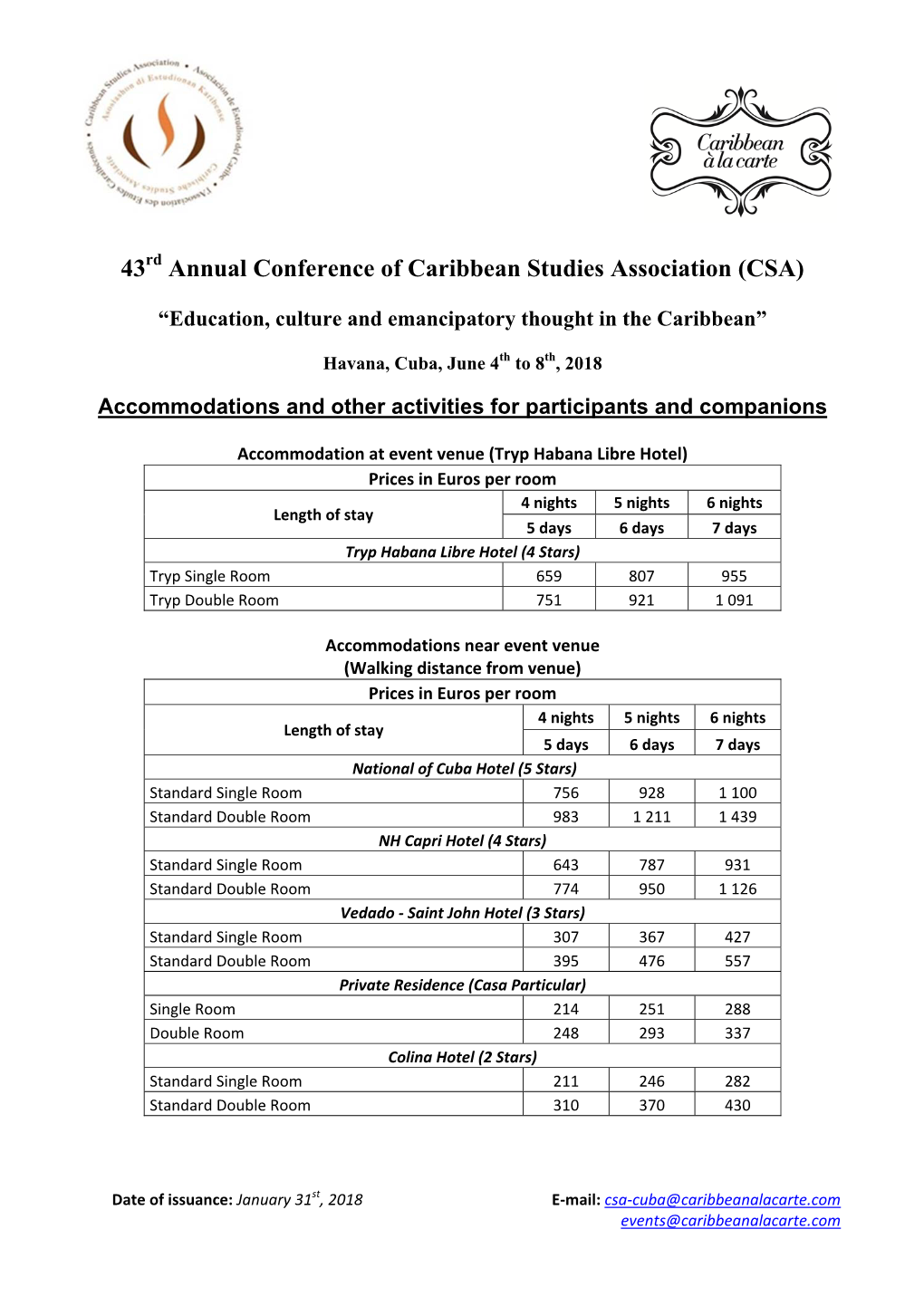 43Rd Annual Conference of Caribbean Studies Association (CSA)