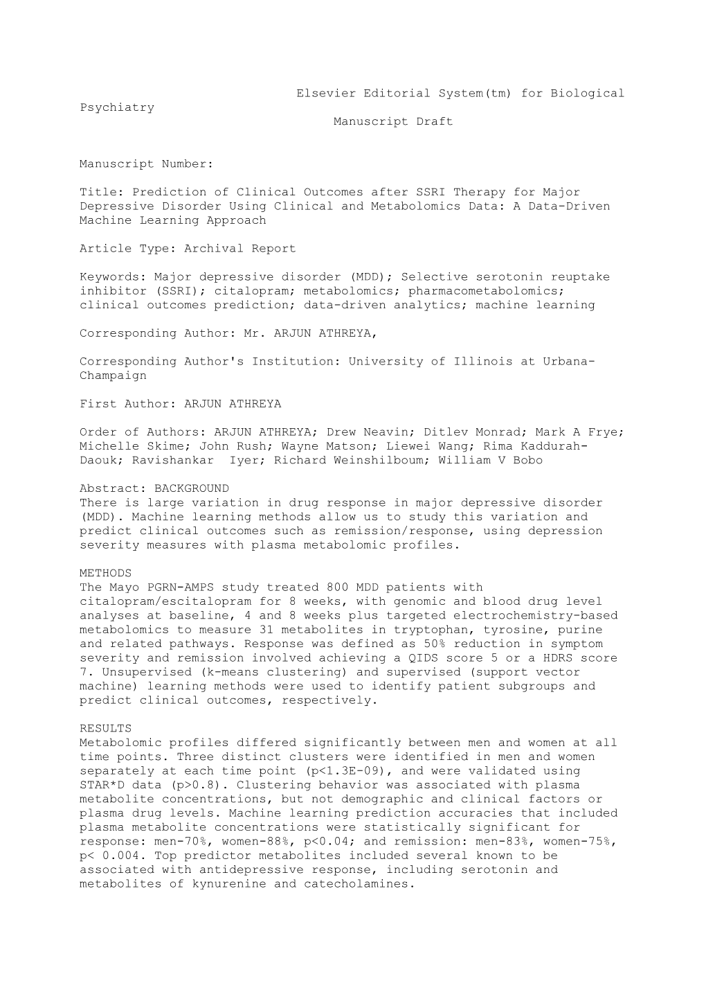 Prediction of Clinical Outcomes After SSRI Therapy for Major Depressive Disorder Using Clinical and Metabolomics Data: a Data-Driven Machine Learning Approach