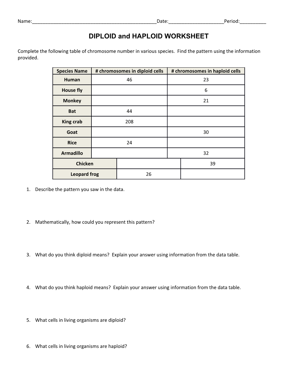 DIPLOID and HAPLOID WORKSHEET