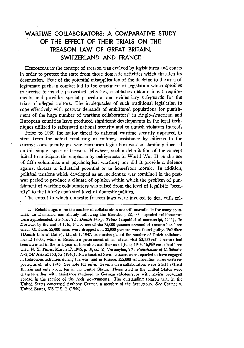 Wartime Collaborators: a Comparative Study of the Effect of Their Trials on the Treason Law of Great Britain, Switzerland and France