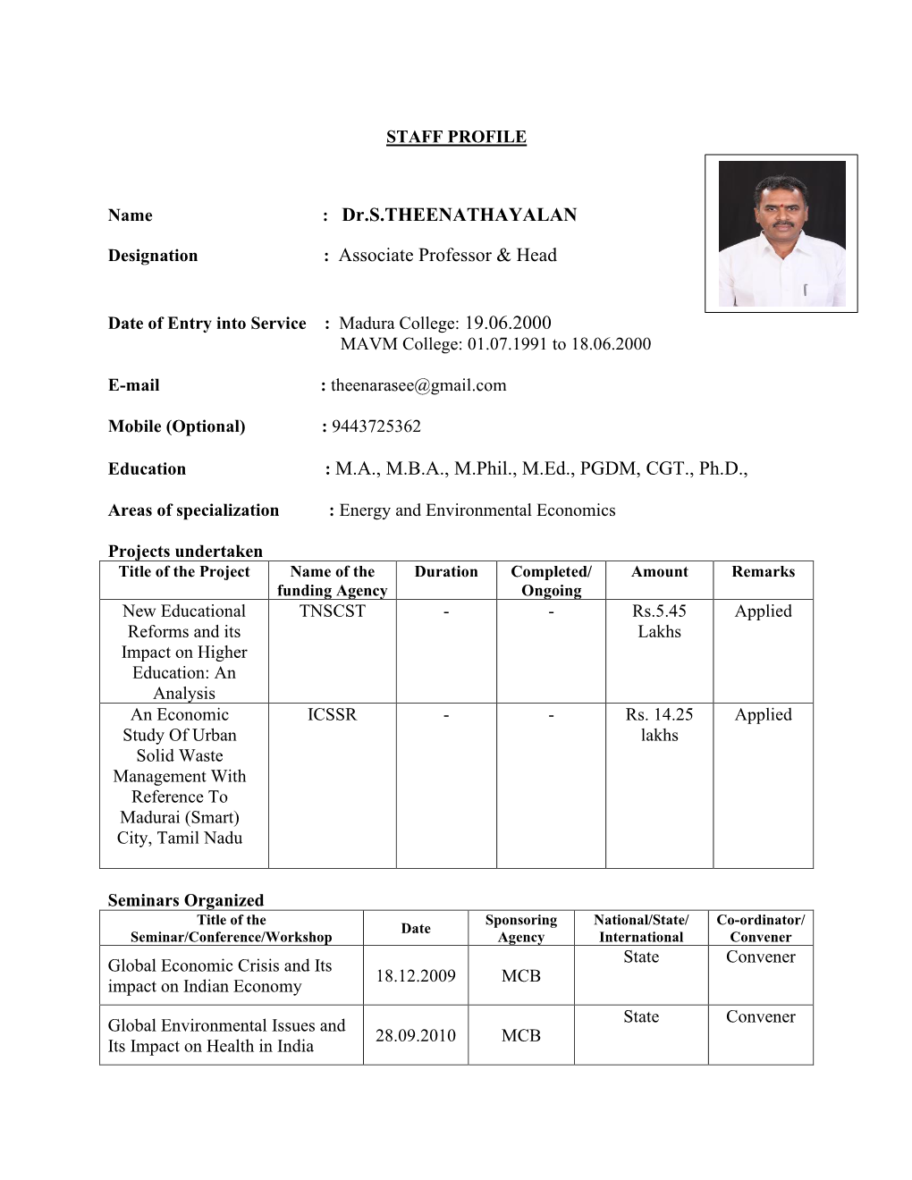 Dr.S.THEENATHAYALAN : Associate Professor & Head : MA, MBA, M.Phil