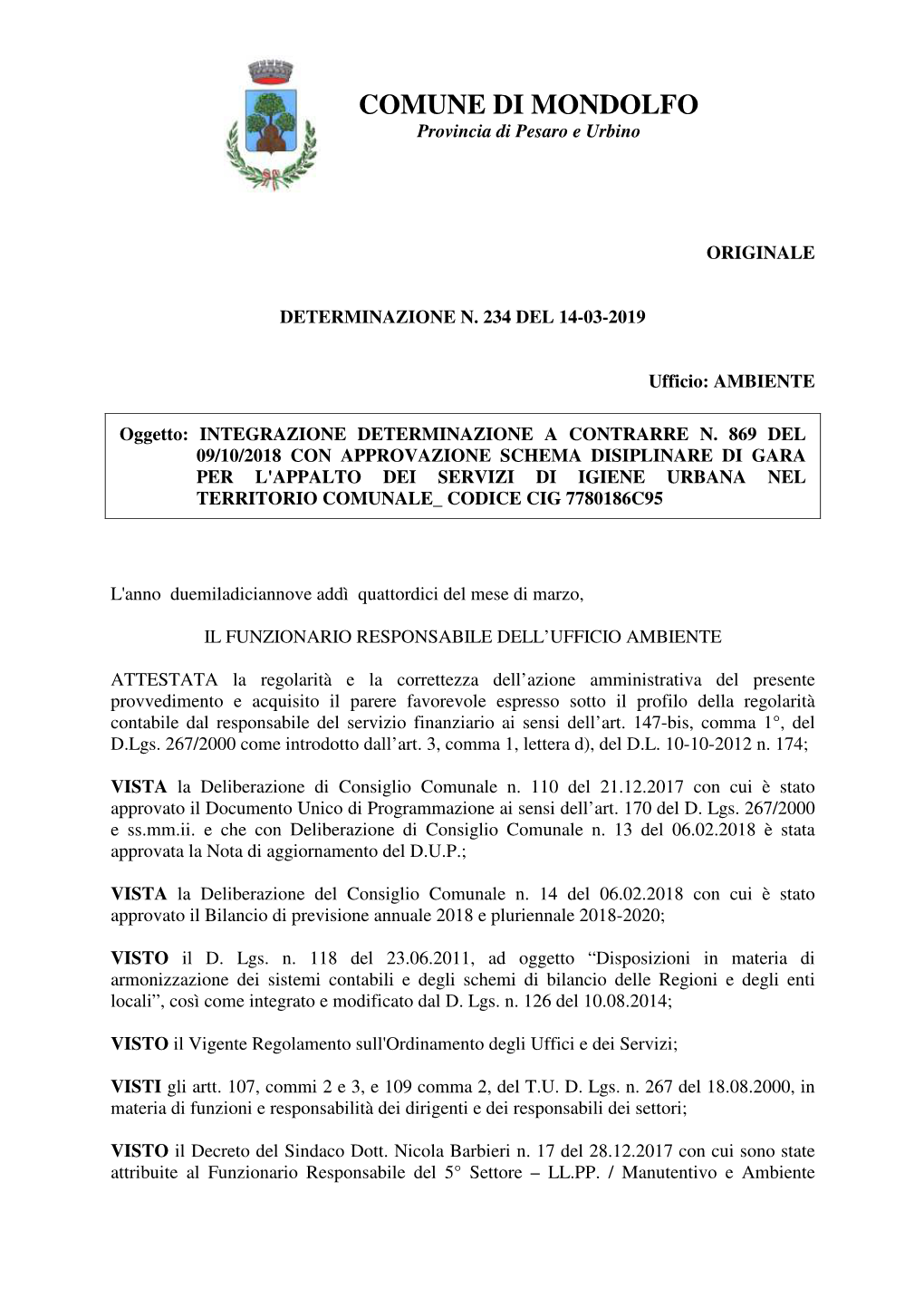 COMUNE DI MONDOLFO Provincia Di Pesaro E Urbino