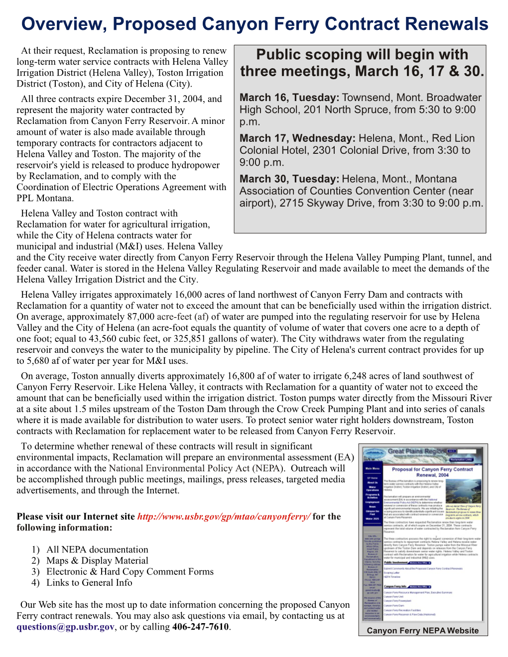 Overview, Proposed Canyon Ferry Contract Renewals