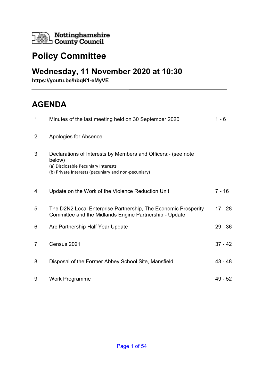 Policy Committee Wednesday, 11 November 2020 at 10:30