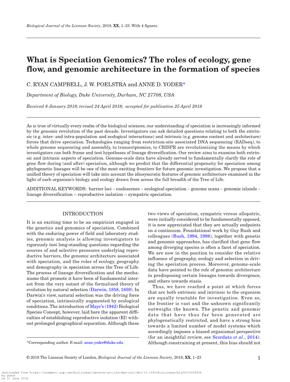 What Is Speciation Genomics? the Roles of Ecology, Gene Flow, and Genomic Architecture in the Formation of Species