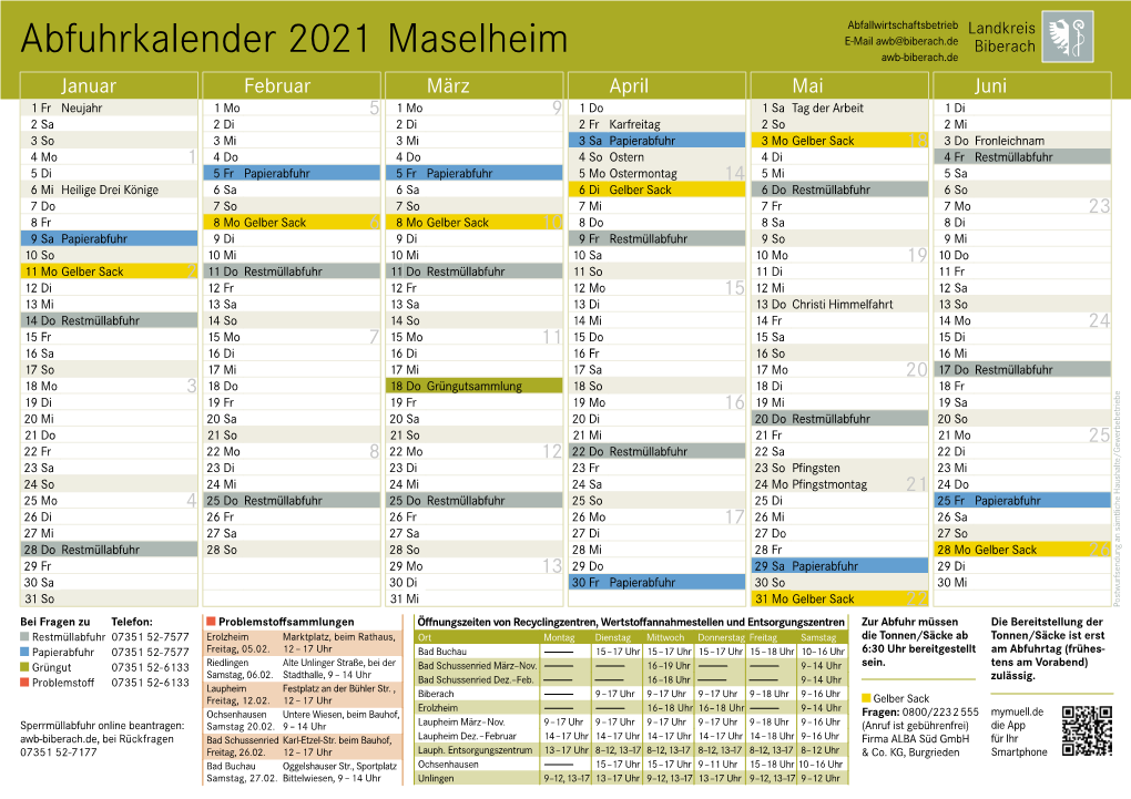 Abfuhrkalender 2021 Maselheim