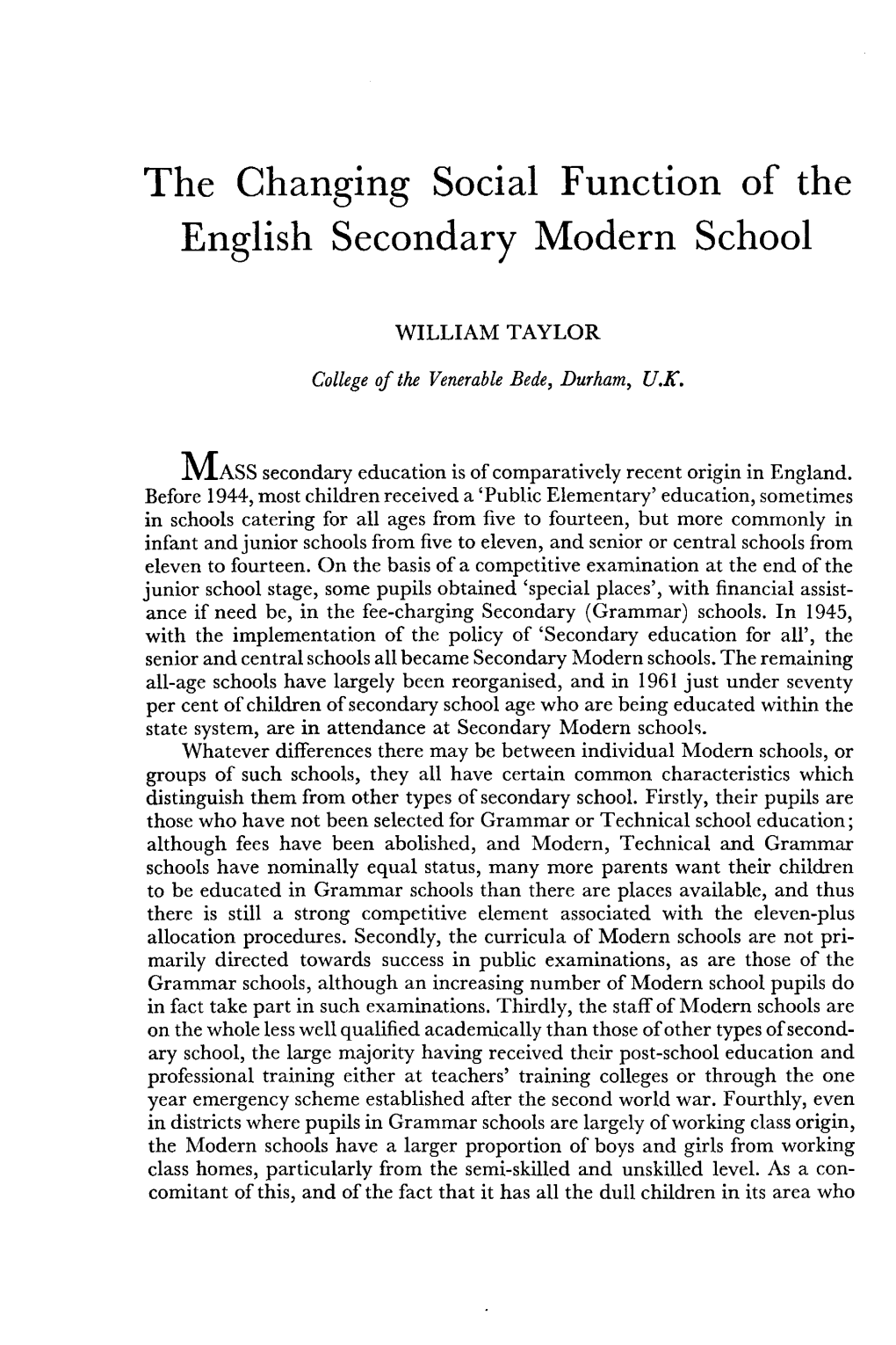 The Changing Social Function of the English Secondary Modern School