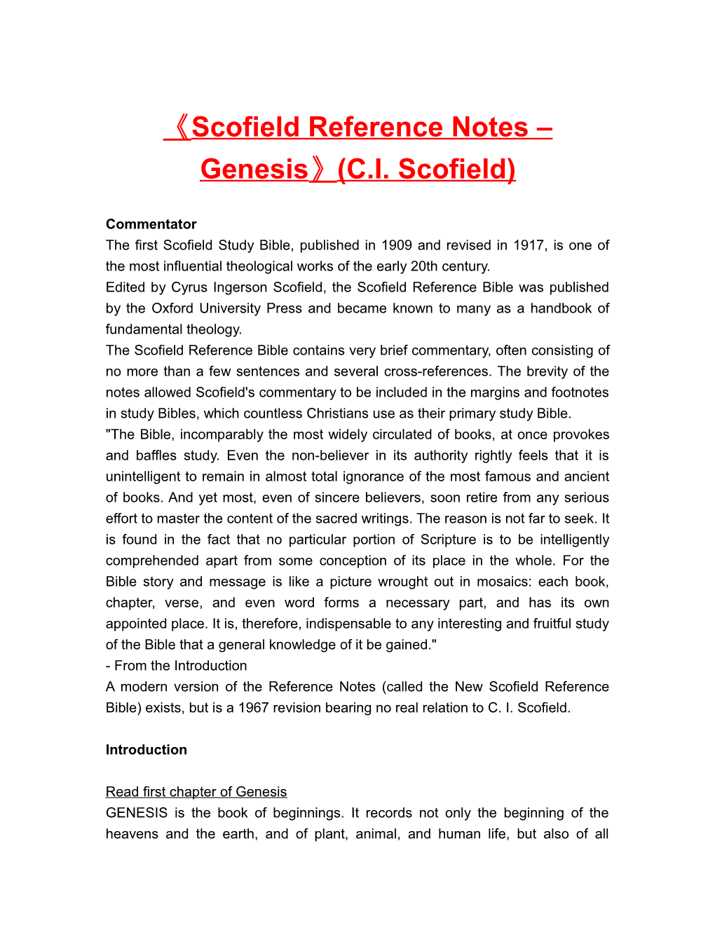 Scofield Reference Notes Genesis (C.I. Scofield)