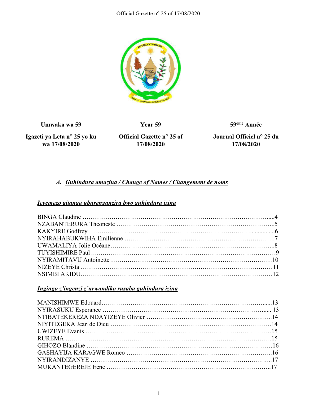 Umwaka Wa 59 Igazeti Ya Leta N° 25 Yo Ku Wa 17/08/2020 Year 59