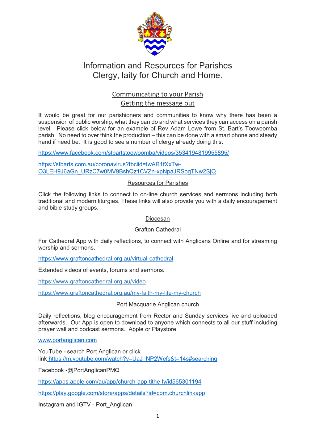 Information and Resources for Parishes Clergy, Laity for Church and Home