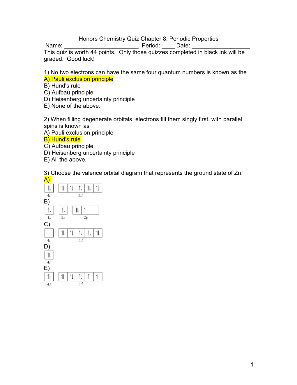 Honors Chemistry Quiz Chapter 8: Periodic Properties