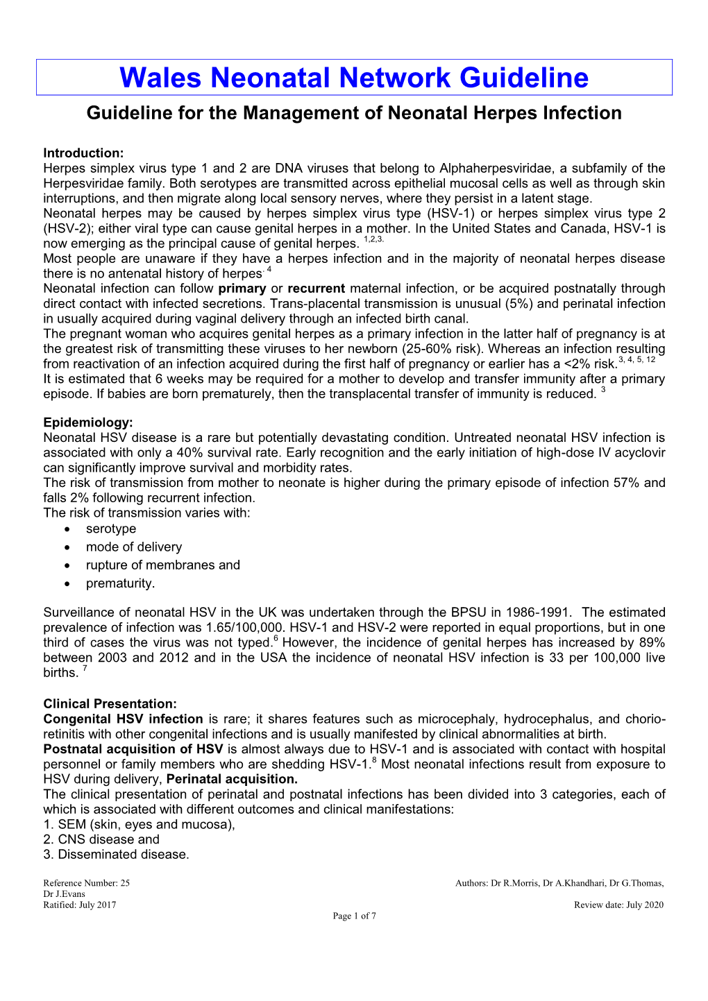 Guideline for the Management of Neonatal Herpes Infection