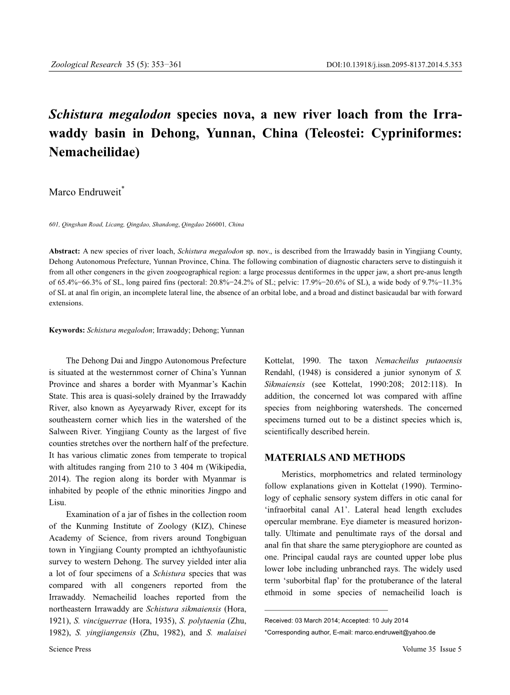 Schistura Megalodon Species Nova, a New River Loach from the Irra- Waddy Basin in Dehong, Yunnan, China (Teleostei: Cypriniformes: Nemacheilidae)