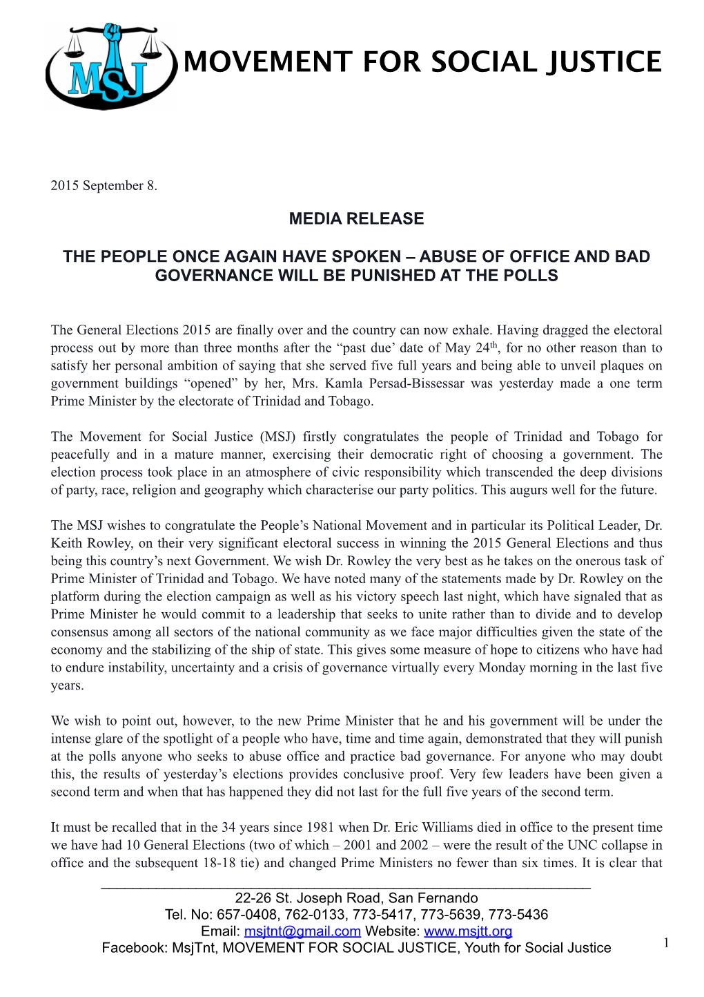 2015 September 8 Statement on General Elections