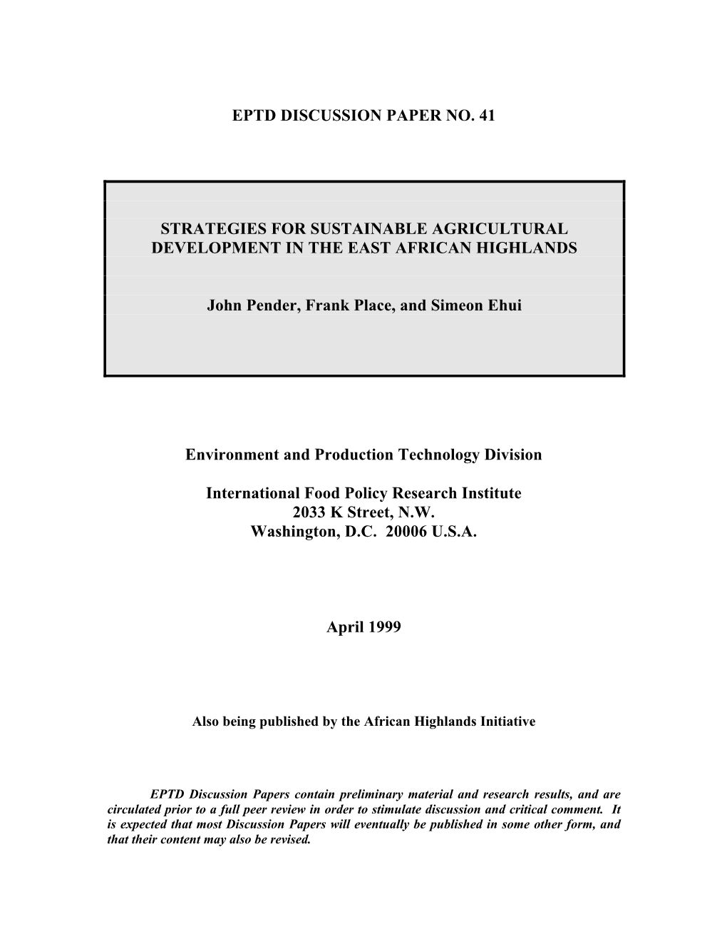 Strategies for Sustainable Agricultural Development in the East African Highlands