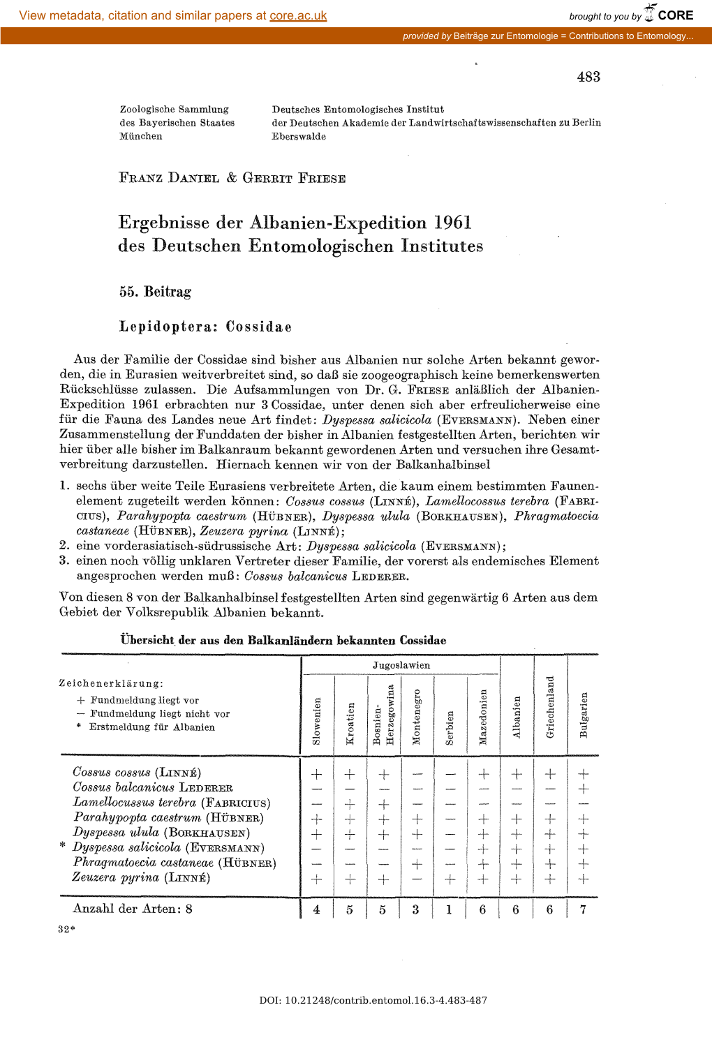 Ergebnisse Der Albanien-Expedition 1961 Des Deutschen Entomologischen Institutes