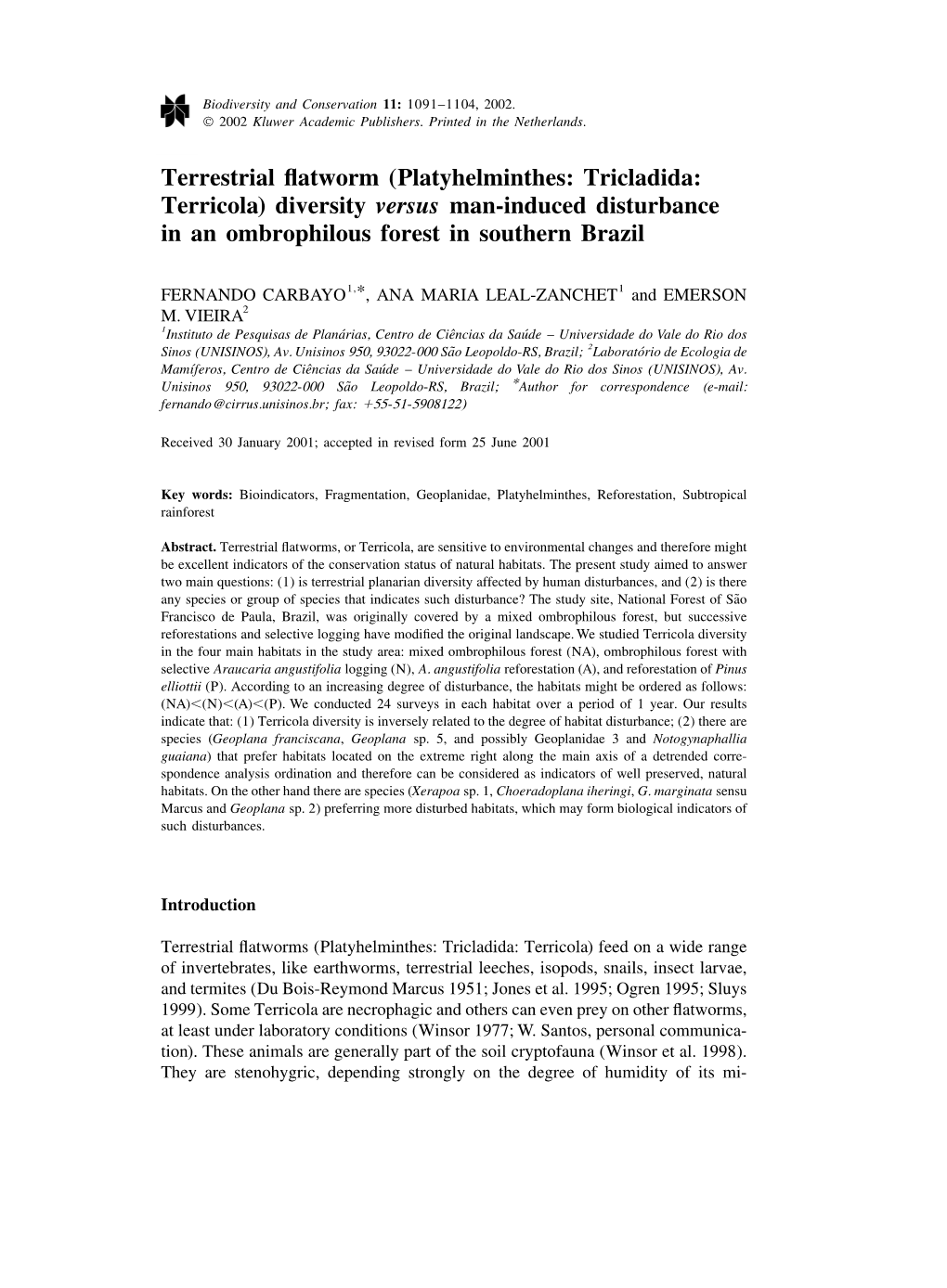 Terrestrial Flatworm (Platyhelminthes: Tricladida: Terricola) Diversity