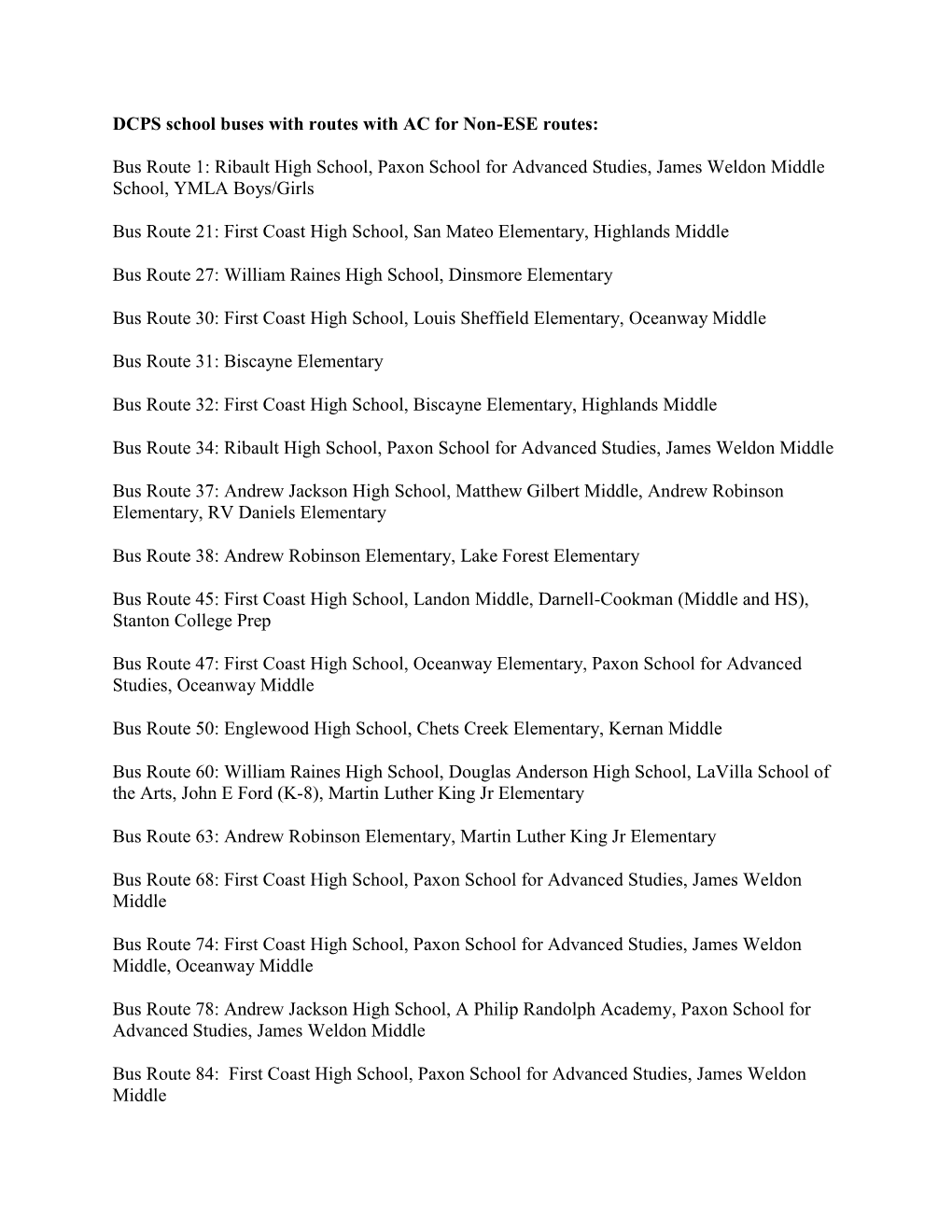 Bus Route 1: Ribault High School, Paxon School for Advanced Studies, James Weldon Middle School, YMLA Boys/Girls