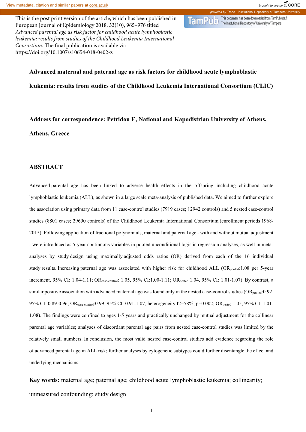 Advanced Maternal and Paternal Age As Risk Factors for Childhood Acute Lymphoblastic