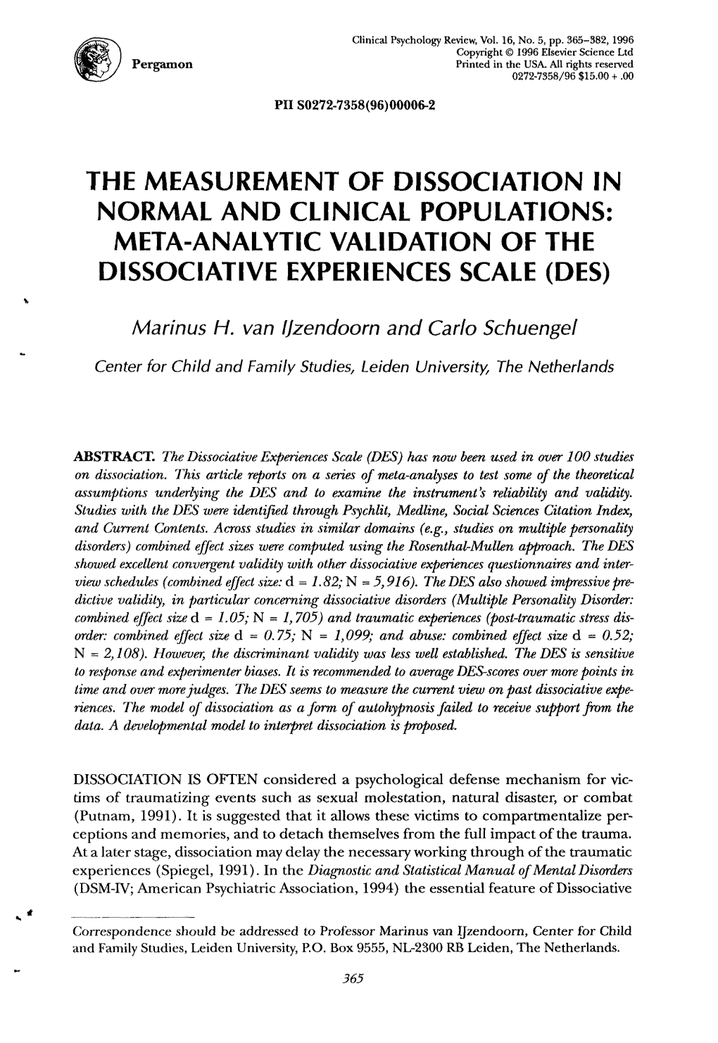 Meta-Analytic Validation of the Dissociative Experiences Scale (Des)