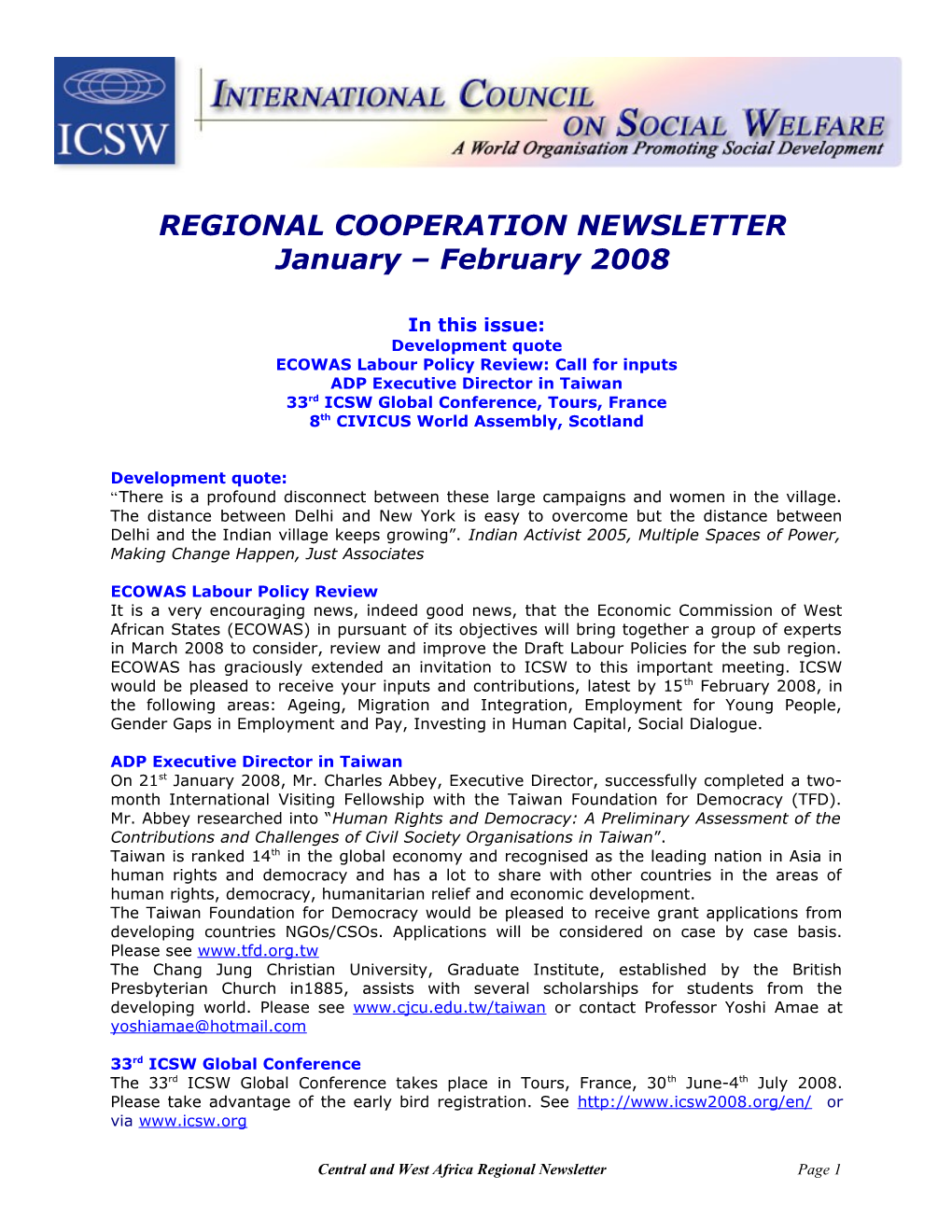 Regional Cooperation Newsletter Jan-Feb 2008