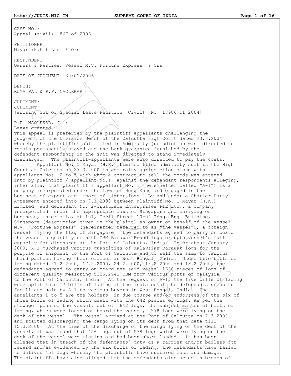 SUPREME COURT of INDIA Page 1 of 16