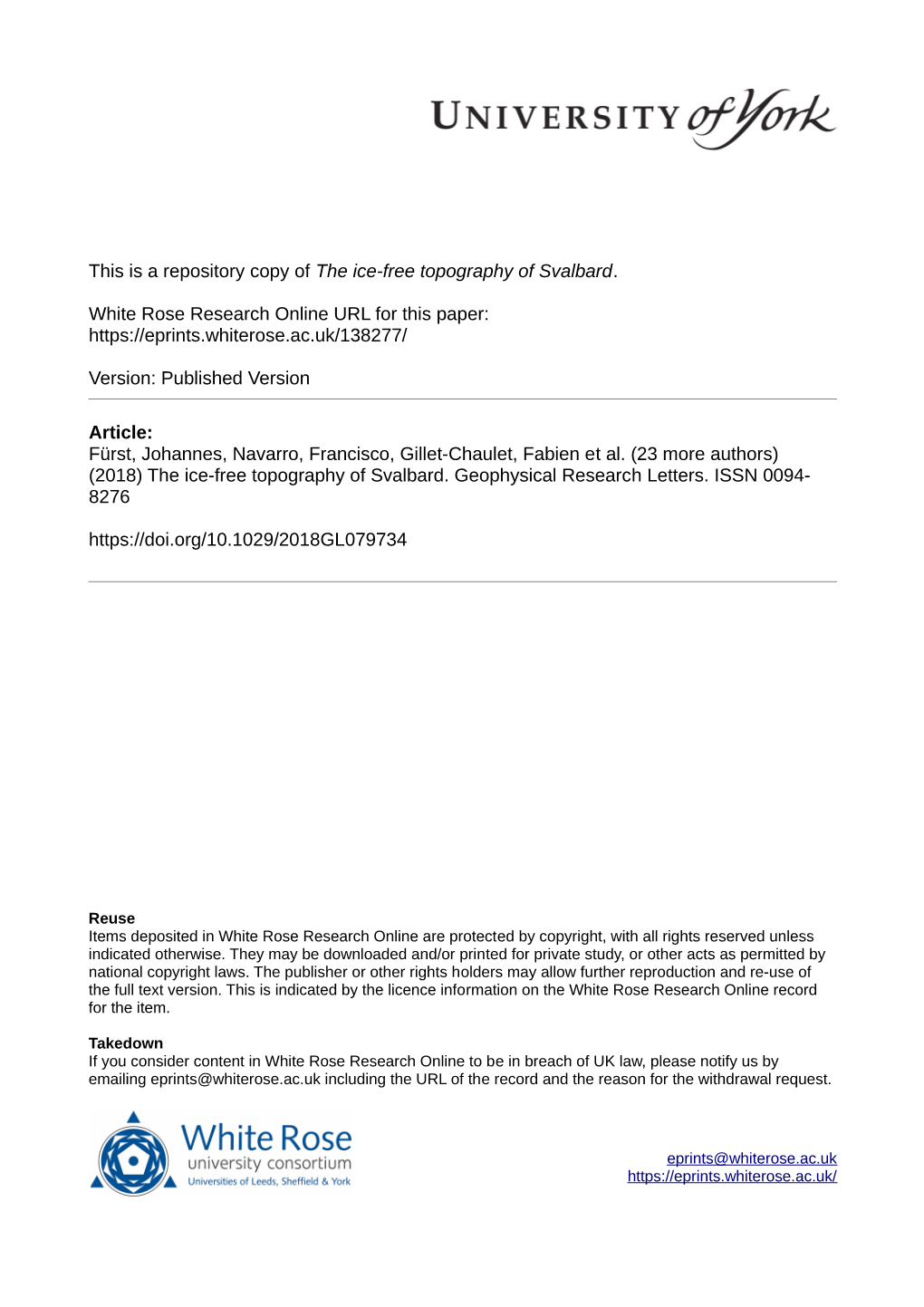 Geophysical Research Letters the Ice-Free Topography of Svalbard