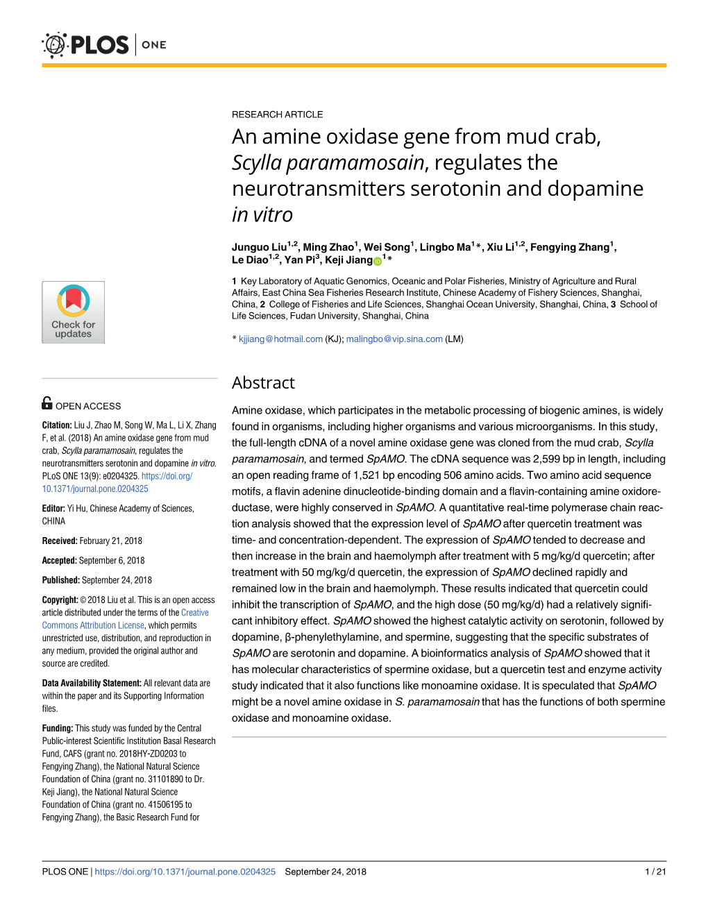 An Amine Oxidase Gene from Mud Crab, Scylla Paramamosain, Regulates the Neurotransmitters Serotonin and Dopamine in Vitro