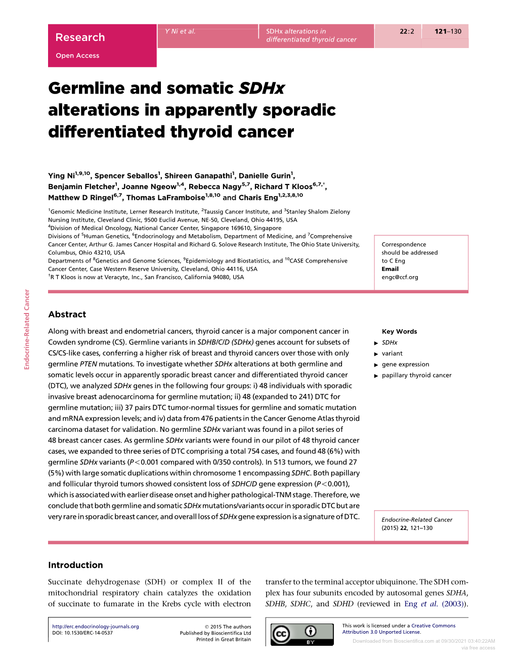 Germline and Somatic Sdhx Alterations in Apparently Sporadic Differentiated Thyroid Cancer