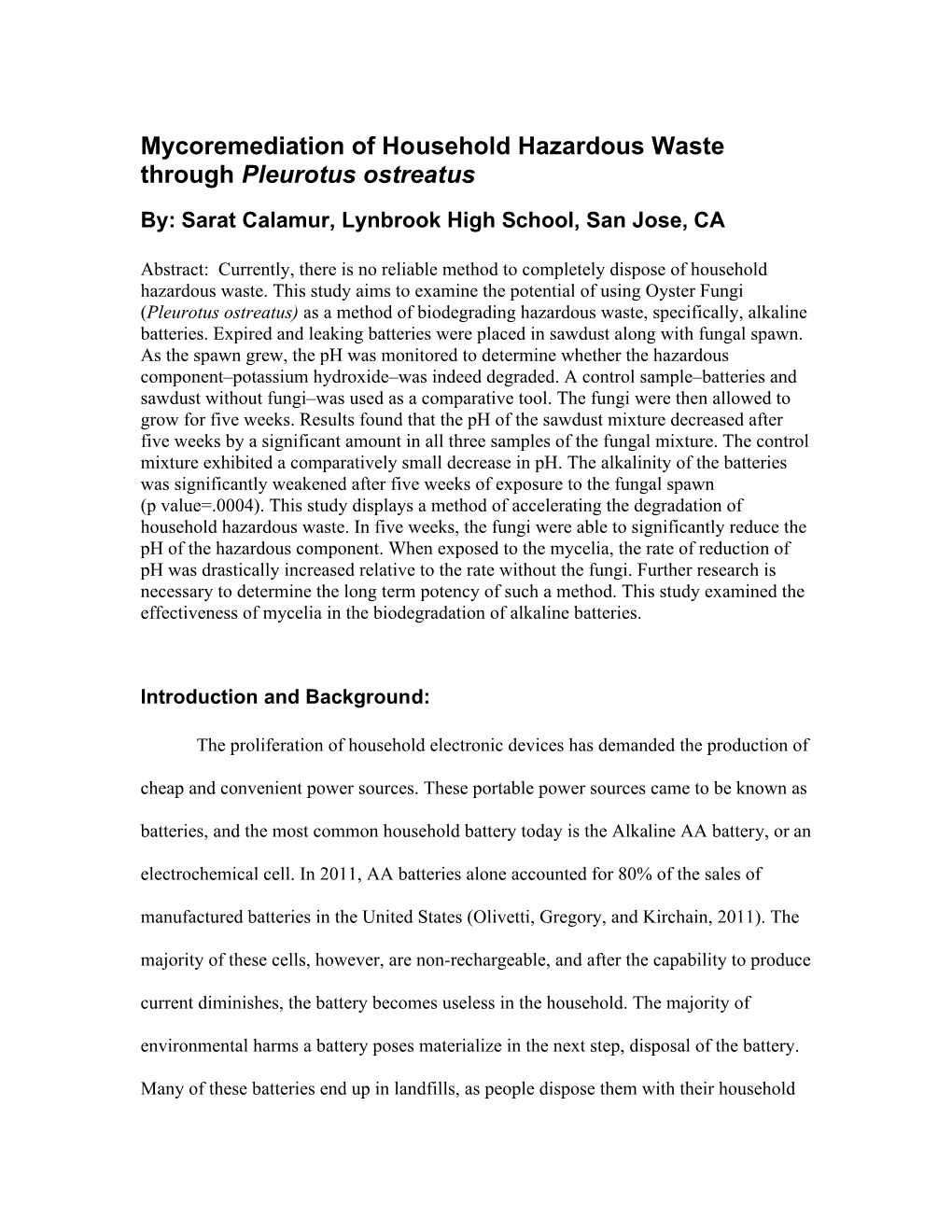 Mycoremediation of Household Hazardous Waste Through Pleurotus Ostreatus