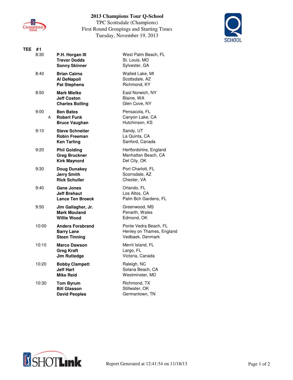 2013 Champions Tour Q-School TPC Scottsdale (Champions) First Round Groupings and Starting Times Tuesday, November 19, 2013