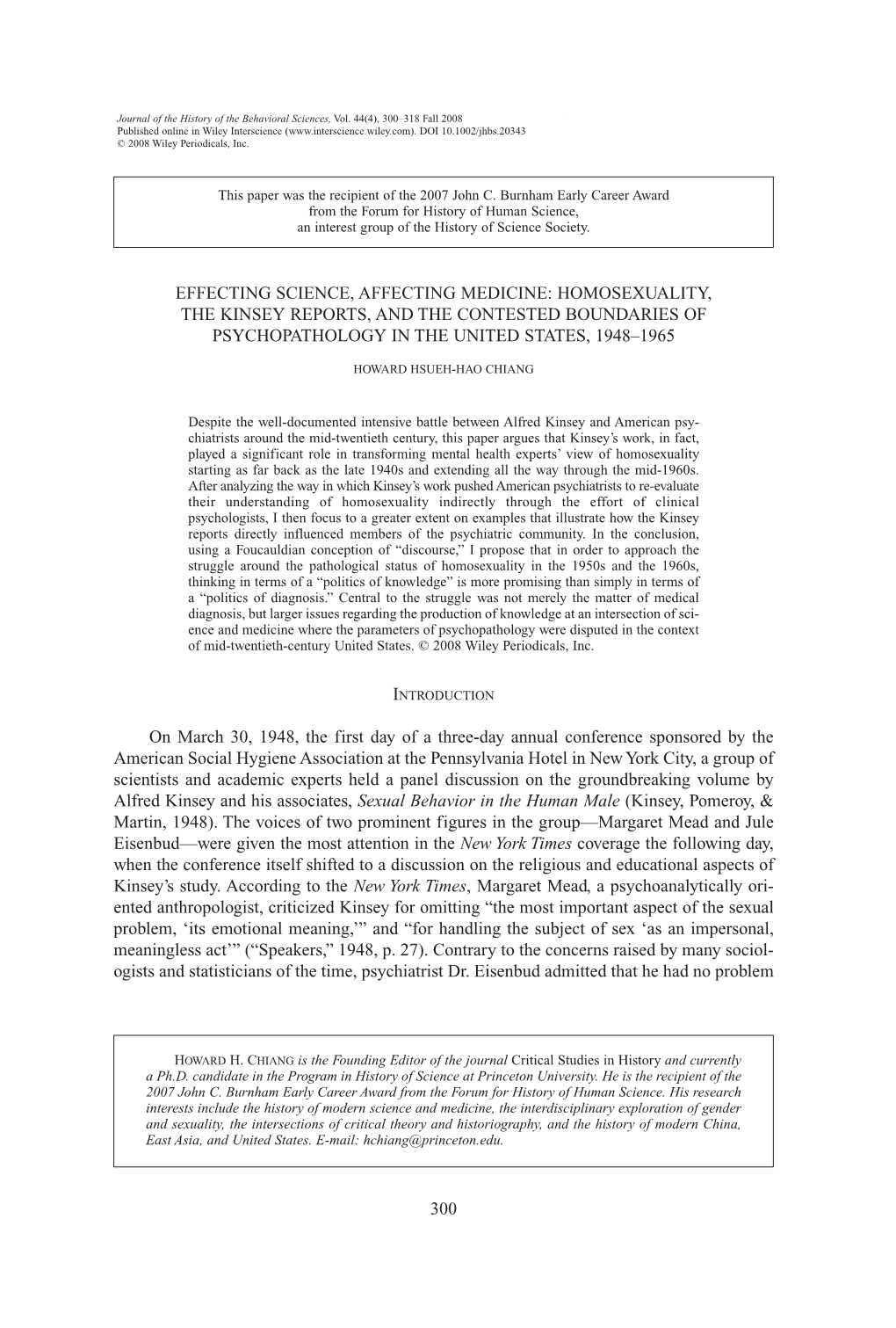 Effecting Science, Affecting Medicine: Homosexuality, the Kinsey Reports, and the Contested Boundaries of Psychopathology in the United States, 1948–1965