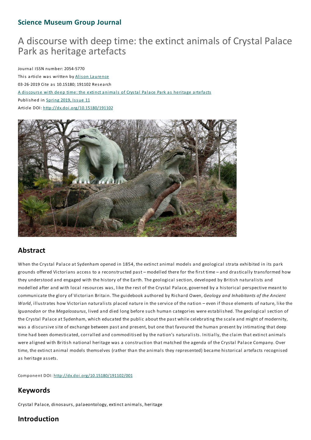 A Discourse with Deep Time: the Extinct Animals of Crystal Palace Park As Heritage Artefacts