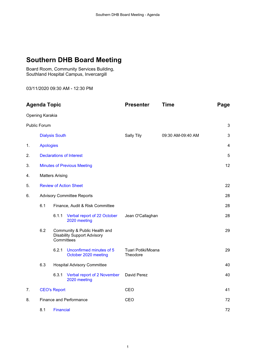 Southern DHB Board Meeting - Agenda