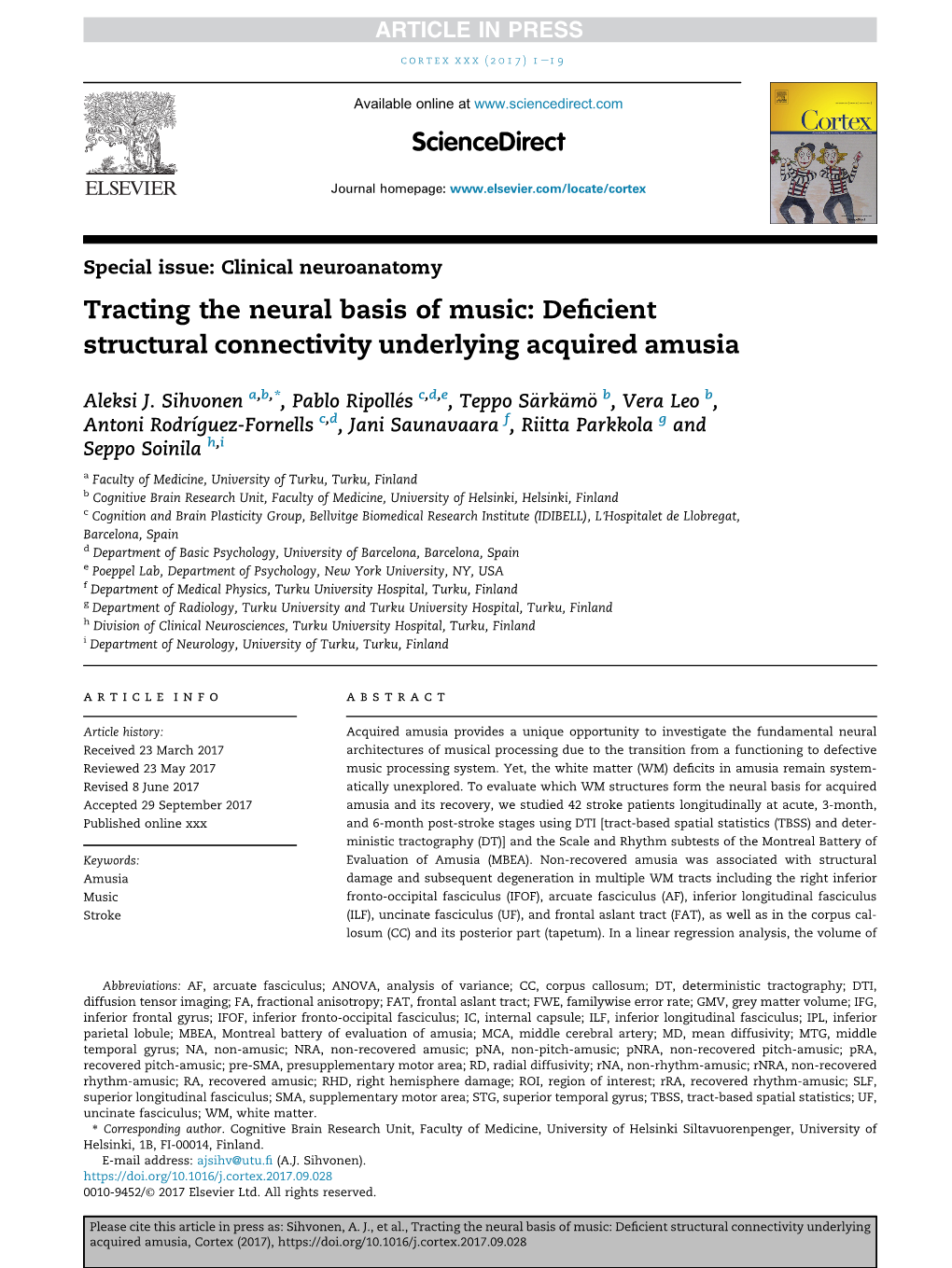 Tracting the Neural Basis of Music: Deficient Structural Connectivity Underlying Acquired Amusia