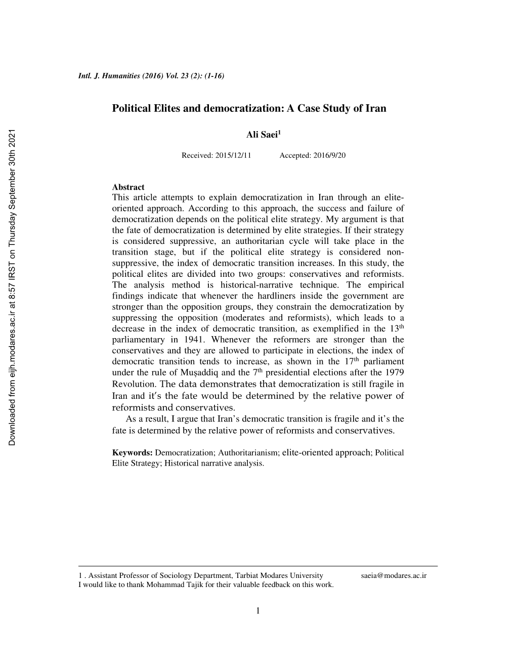 Political Elites and Democratization: a Case Study of Iran