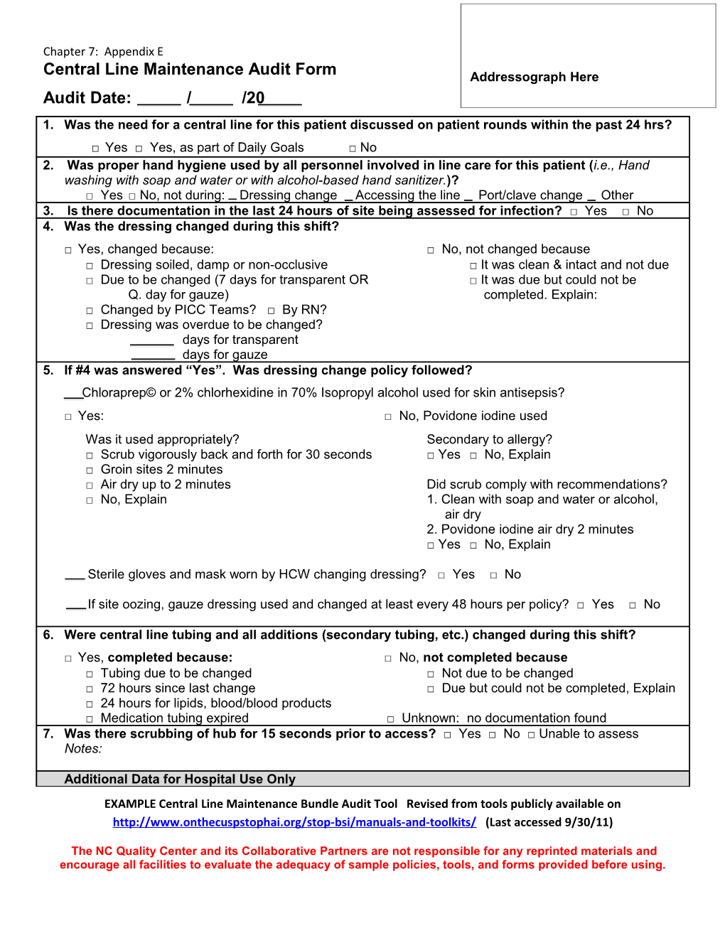 Central Line Maintenance Audit Form