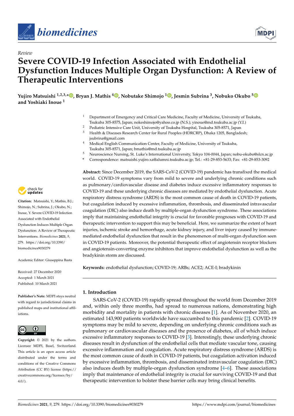 Severe COVID-19 Infection Associated with Endothelial Dysfunction Induces Multiple Organ Dysfunction: a Review of Therapeutic Interventions