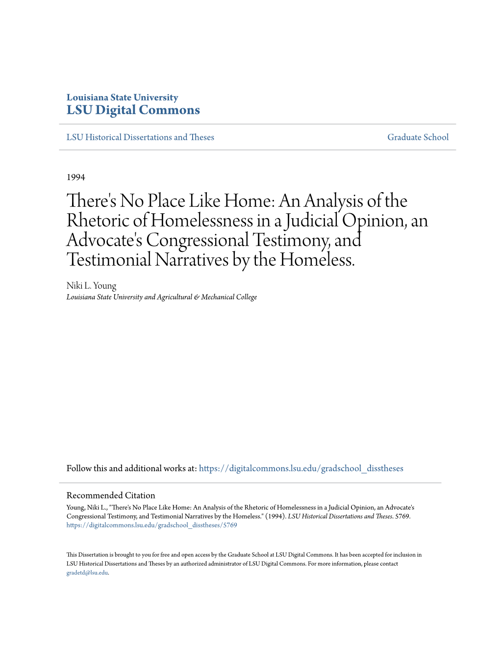 An Analysis of the Rhetoric of Homelessness in a Judicial Opinion, an Advocate's Congressional Testimony, and Testimonial Narratives by the Homeless